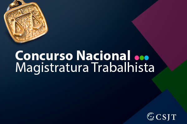 Logo do Concurso Nacional da Magistratura Trabalhista composto de fundo azul, verde e rosa e medalha com a balança da Justiça