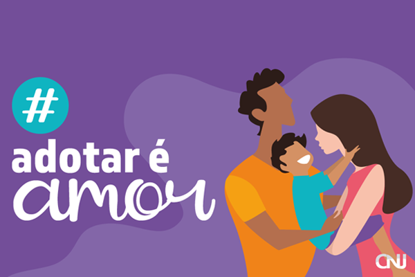 Ilustração de casal segurando uma criança e hashtag #AdotarÉAmor