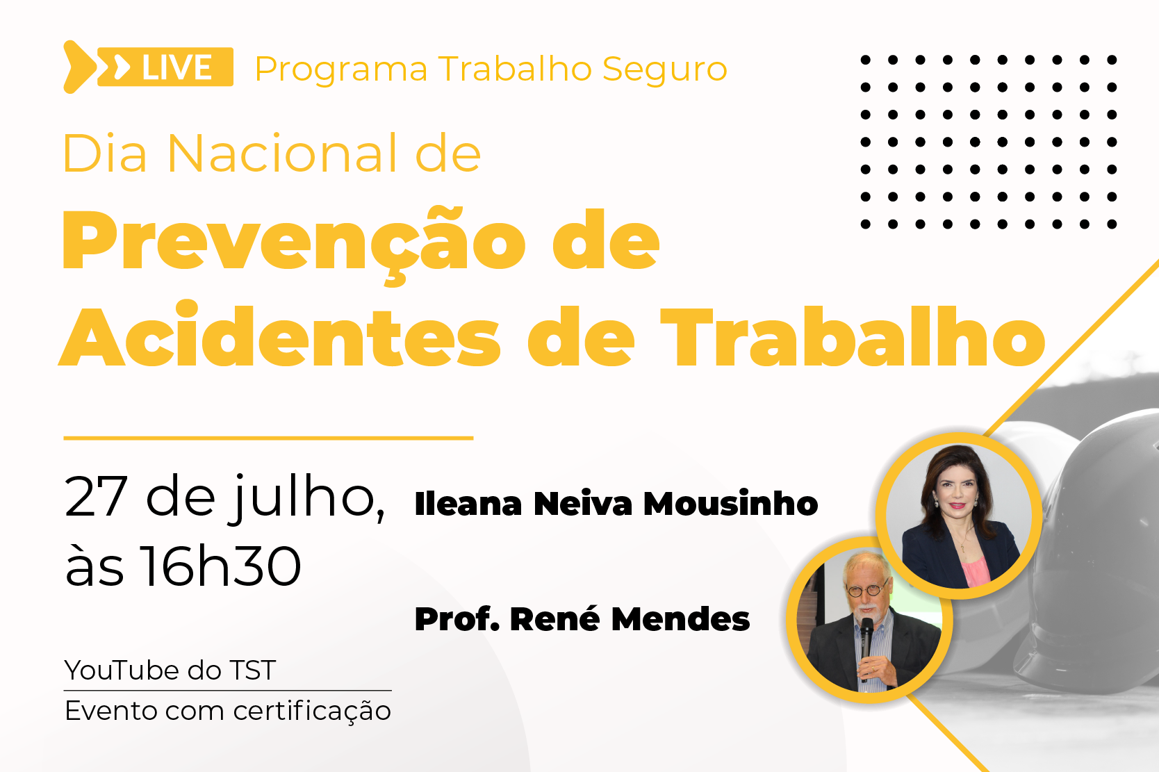 Imagem de divulgação da live, com nomes e fotos dos palestrantes, Ileana Mousinho e prof. René Mende