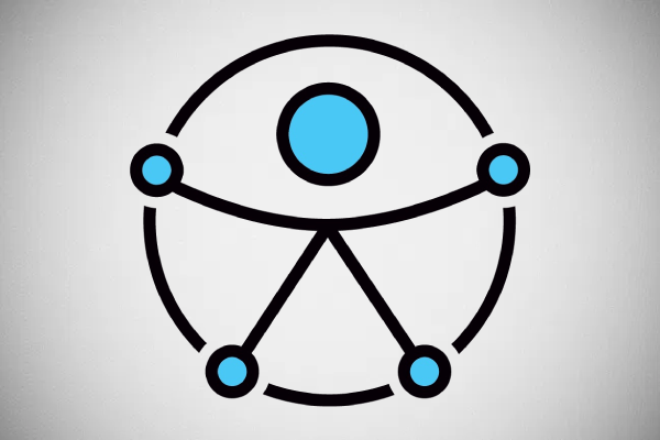  Uma figura simétrica conectada por quatro pontos a um círculo, representando a harmonia entre o ser humano e a sociedade, e com os braços abertos, simbolizando a inclusão de pessoas com todas as habilidades, em todos os lugares.