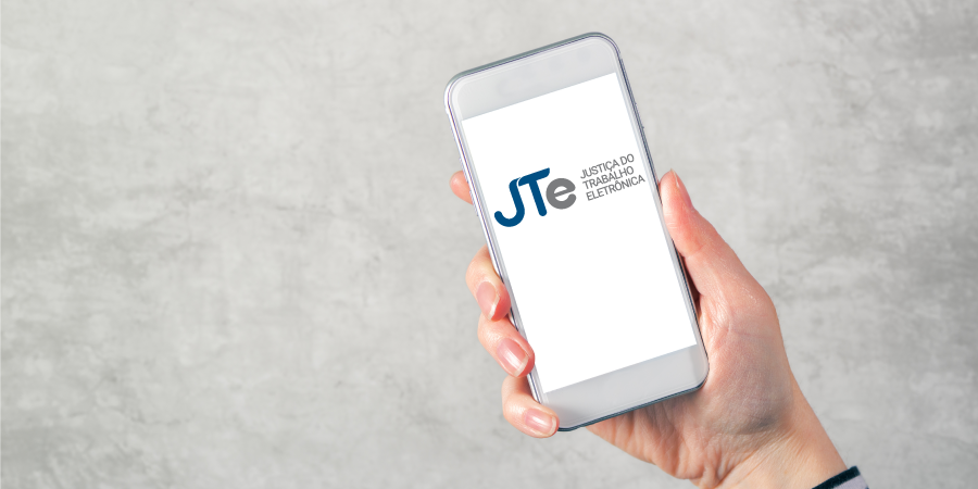 Celular com a logomarca da JTe - Justiça do Trabalho Eletrônica.