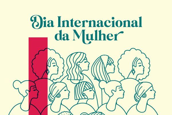 Dia Internacional da Mulher - Ilustração minimalistas com fundo bege e vários perfis de mulheres em azul claro. Um retângulo rosa na vertical está sobreposto no lado esquerdo da arte.