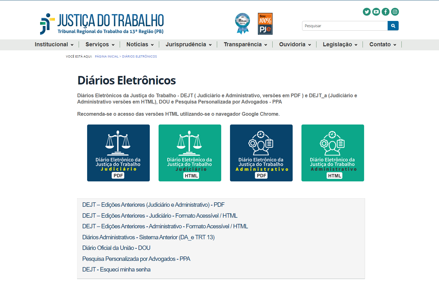 TRT-13 (PB) lança versão acessível do Diário Eletrônico da Justiça do Trabalho