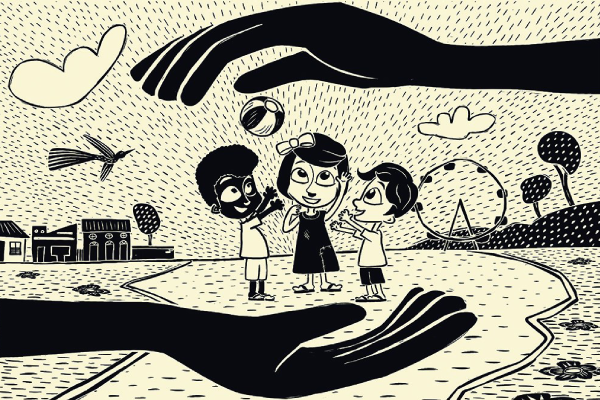 Ilustração: Três crianças brincam, enquanto são protegidas por uma mão acima e outra abaixo.