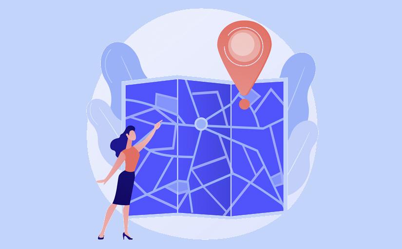 Na imagem, arte de mulher indicando local em mapa