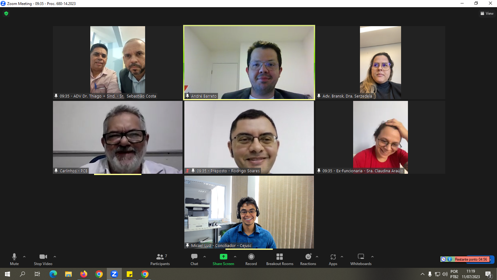 Na imagem, captura de tela da audiência de conciliação online do Cejusc de 1° Grau