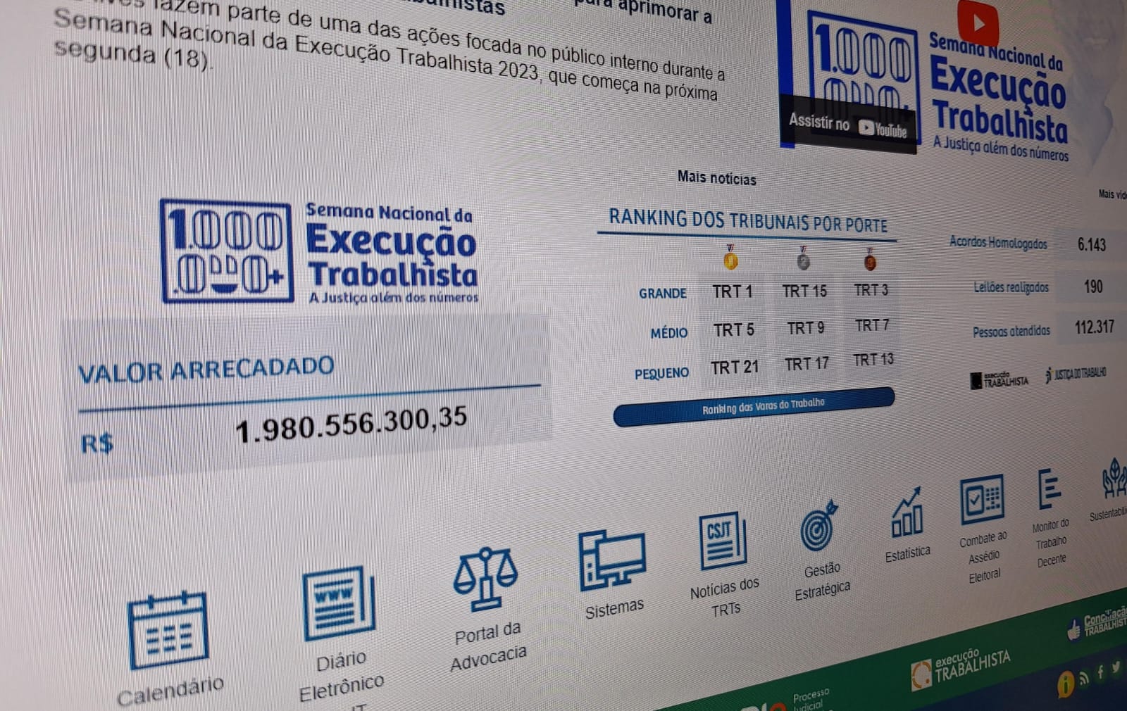 Executômetro permite acompanhar os números da Semana Nacional da Execução Trabalhista 2023