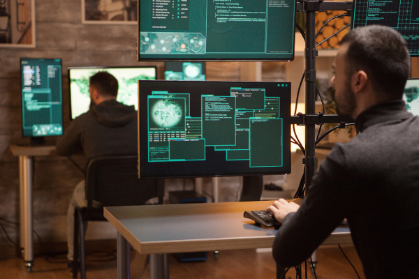 Agentes de segurança analisando dados em telas de computador.