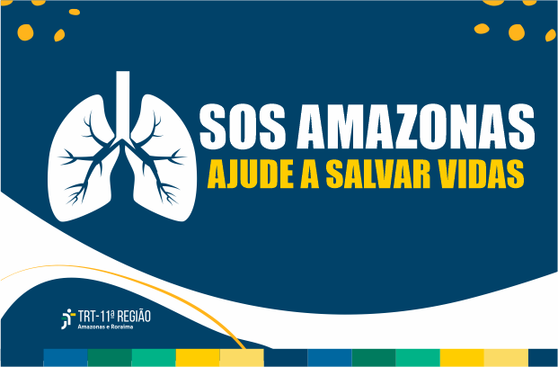 Desenho de um pulmão com as palavras SOS Amazônia: ajude a salvar vidas.