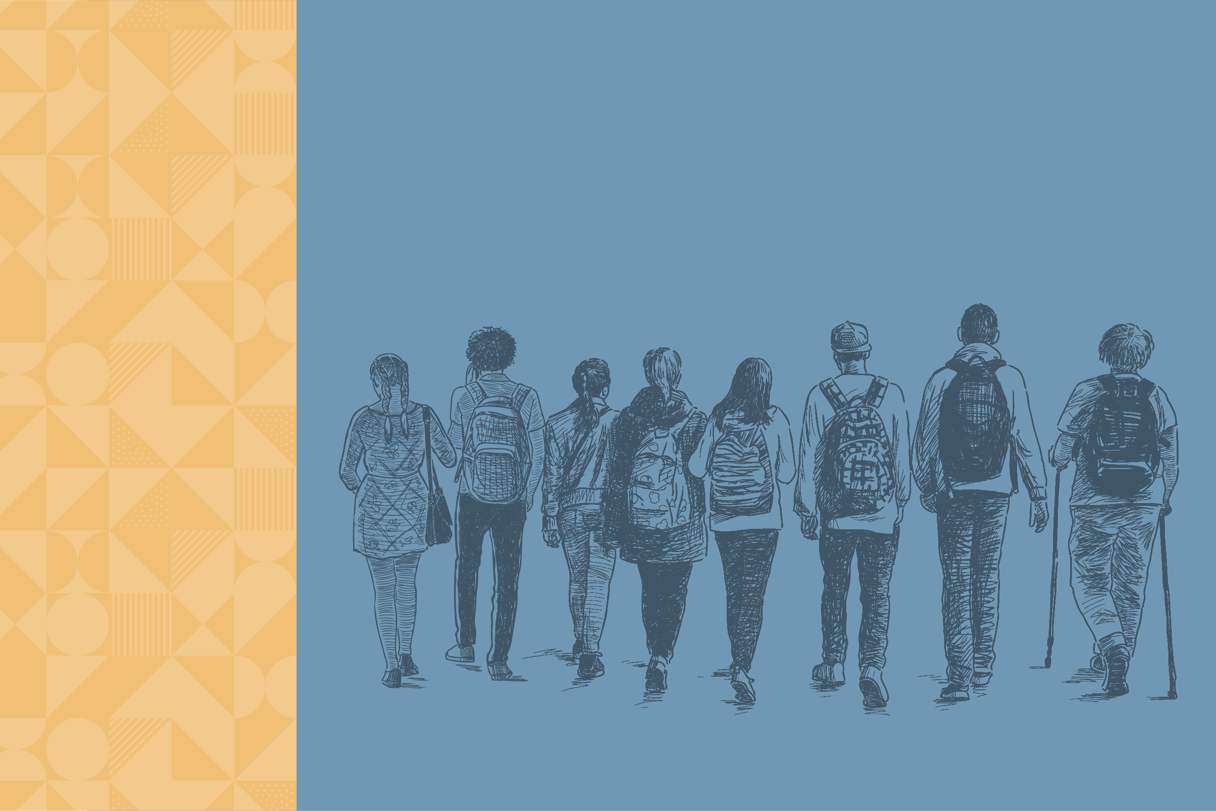 Ilustração em rabisco de adolescentes com mochilas e bolsas andando um do lado do outros.