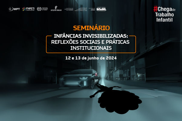 Ilustração de divulgação do evento. Ilustração de sobra de um garoto saindo de um carro parado em uma faixa de pedestre, representando o trabalho invisível de venda em sinais. Ao lado, está escrito: Seminário Infâncias Inviabilizadas: Reflexões sociais e Práticas Institucionais. 12 e 13 de junho de 2024.