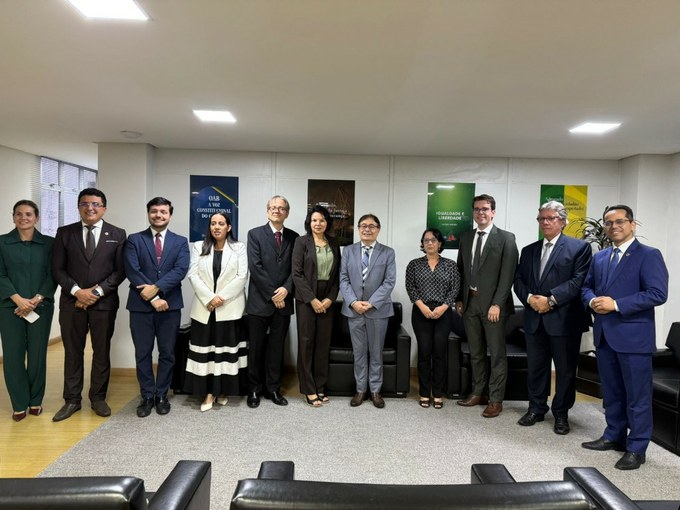 Grupo de 11 pessoas posando para foto em sala institucional, com cartazes na parede ao fundo.