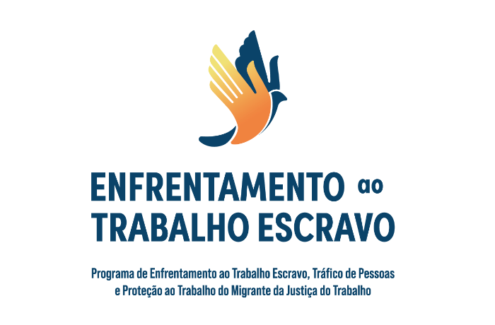 Imagem com uma pomba amarela e azul com duas frases em destaque; a primeira, ''Enfrentamento ao Trabalho Escravo'' e a segunda, ''Programa de Enfrentamento ao Trabalho Escravo, Tráfico de Pessoas e Proteção ao Trabalho do Migrante da Justiça do Trabalho''.