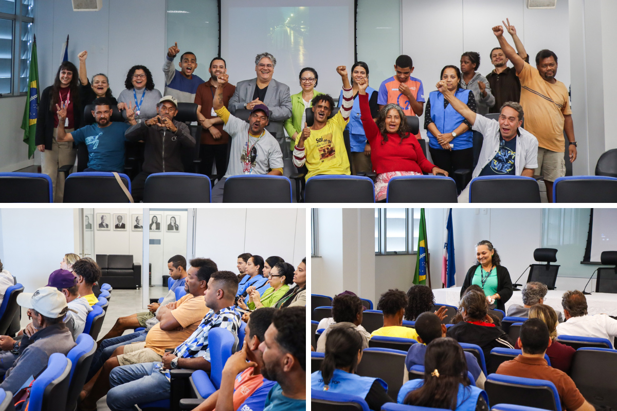 Grupo de pessoas participa de evento em auditório, com momentos de interação, palestra e confraternização.