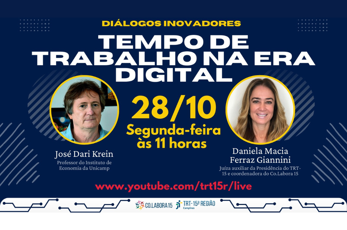 Imagem com detalhes do evento com tema, data e horário, presentes em um quadro azul, com foto dos palestrantes em formato circular no TRT-15 (Campinas)
