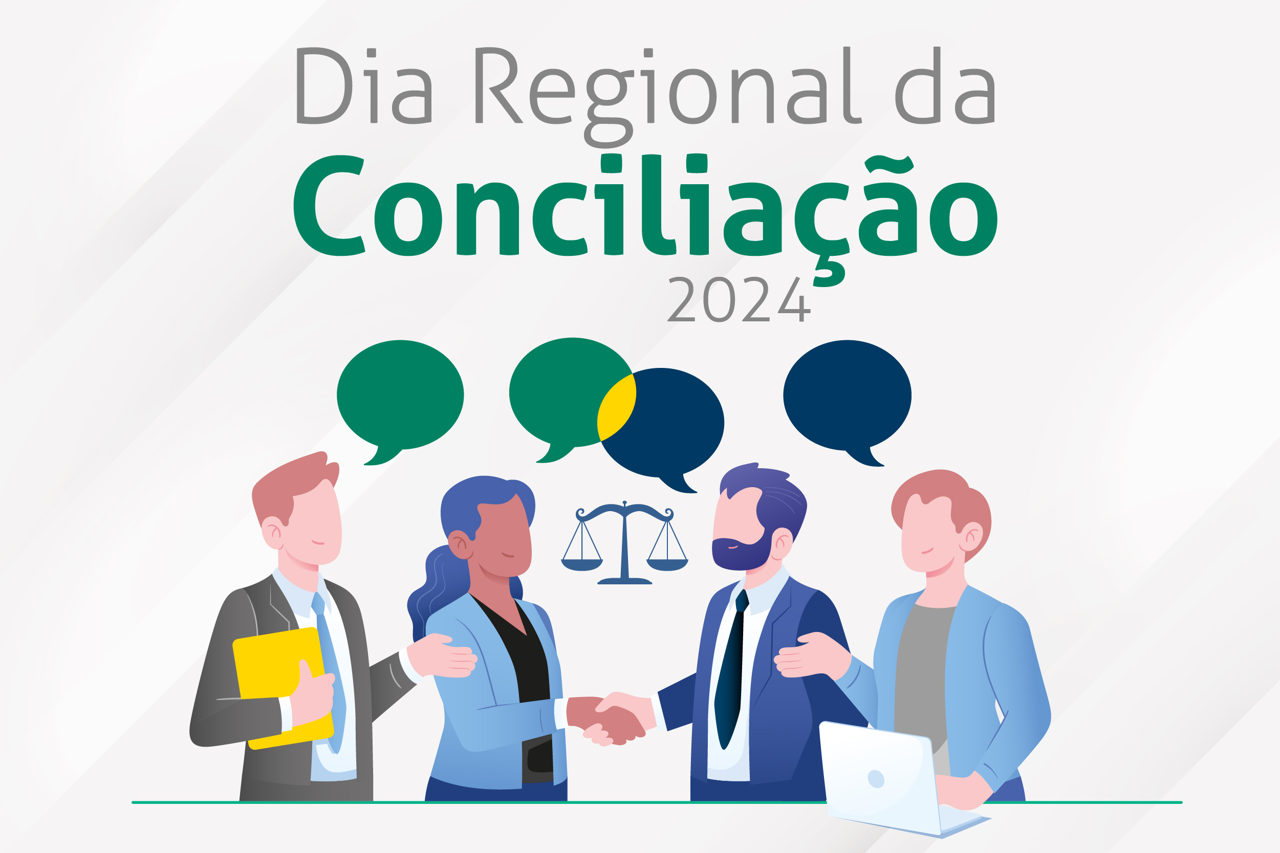 Imagem do Dia Regional da Conciliação 2024, com imagens figurativas de homens e mulheres e aperto de mãos