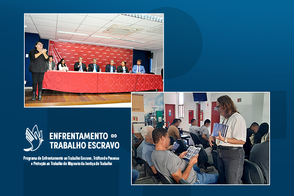 Fotografia com dois blocos de imagem: um com uma bancada e algumas pessoas sentadas e uma delas está em pé, fazendo a representação em libras; o outro bloco traz uma mulher com um folheto em mãos e algumas pessoas sentadas lendo.