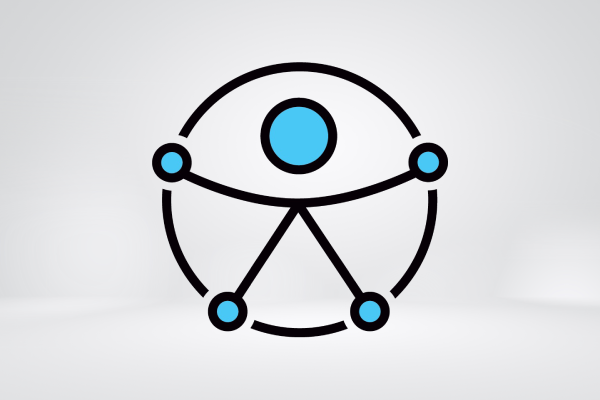 Símbolo de acessibilidade da ONU. Circulo de linhas pretras. no meio, uma desenho de um ser humano minimalista com a cabeça, mãos e pés com círculos na cor azul 