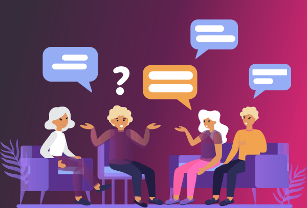 A imagem mostra uma ilustração de quatro pessoas sentadas em poltronas, conversando entre si.