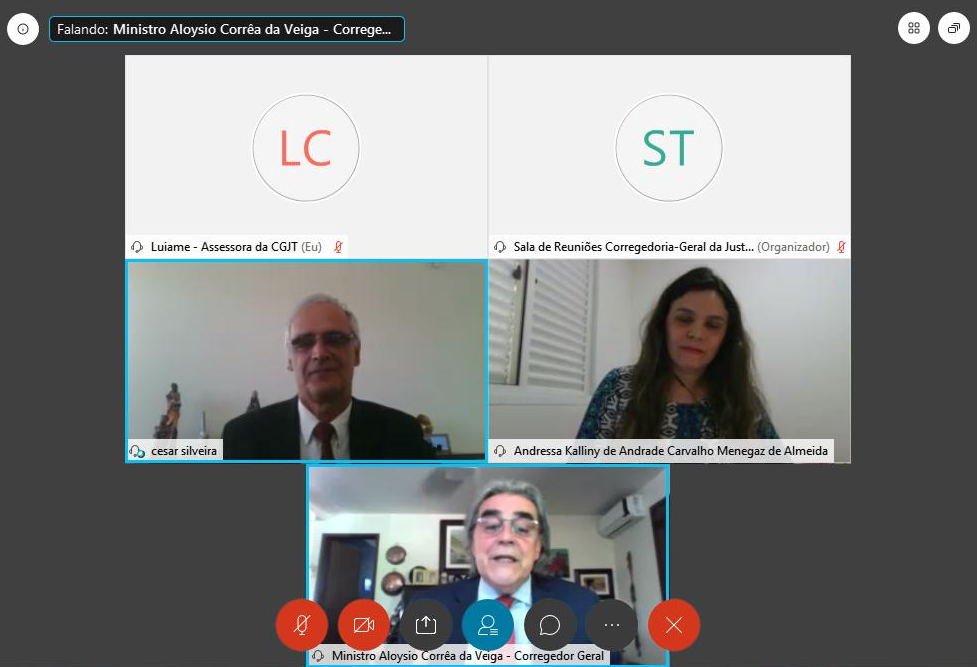 Print da sala de audiência telepresencial entre o corregedor-geral da Justiça do Trabalho e os juízes responsáveis pelo projeto “Prática do Acolhimento”