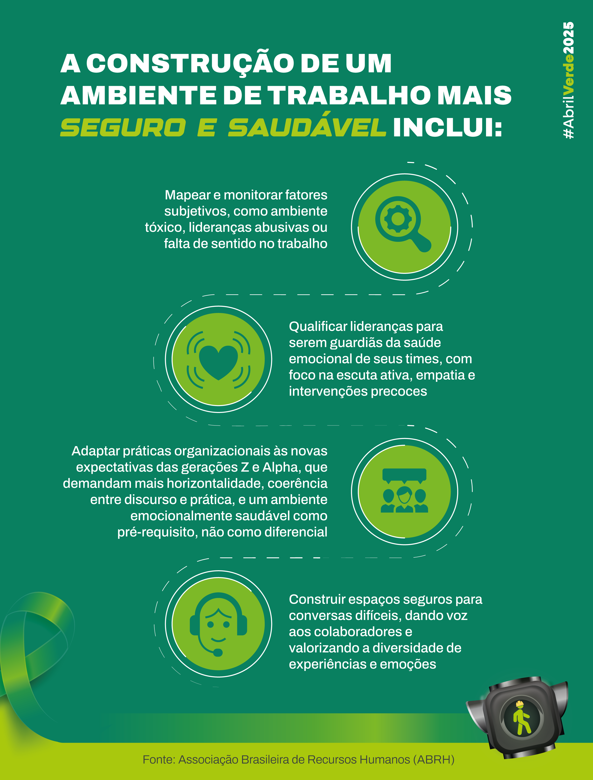 Infográfico com o texto A construção de um ambiente de trabalho mais seguro e saudável inclui: Mapear e monitorar fatores subjetivos, como ambiente tóxico, lideranças abusivas ou falta de sentido no trabalho Qualificar lideranças para serem guardiãs da saúde emocional de seus times, com foco em escuta ativa, empatia e intervenções precoces Adaptar práticas organizacionais às novas expectativas das gerações Z e Alpha, que demandam mais horizontalidade, coerência entre discurso e prática e um ambiente emocionalmente saudável como pré-requisito, não como diferencial Construir espaços seguros para conversas difíceis, dando voz aos colaboradores e valorizando a diversidade de experiências e emoções Fontes: Associação Brasileira de Recursos Humanos (ABRH)