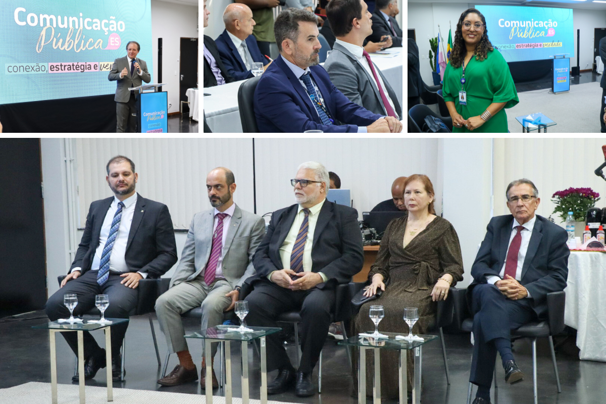 Conjunto de 4 fotografias referentes à assinatura do termo de cooperação no TRT-17 (ES). Na primeira, um homem faz um discurso com um banner ao fundo e a legenda ''Comunicação Pública Conexão, estratégia e verdade''; na segunda, homens com terno e gravata; na terceira, mulher com roupa verde e na quarta, 5 pessoas sentadas, sendo 4 homens e 1 mulher.