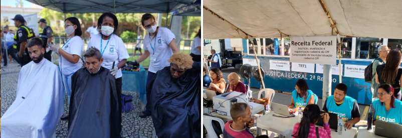 À esquerda, serviço de corte de cabelo. À direita, atendimento feito pelos(as) servidores(as) da Receita Federal. 