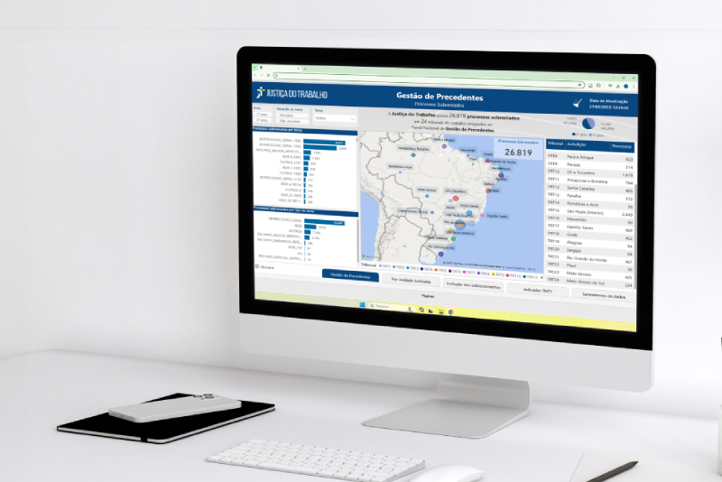 Foto de um computador na mesa com o painel na tela.