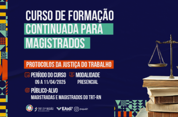 Imagem com a presença de livros empilhados, uma balança sobre eles e a legenda ''Curso de Formação Continuada para Magistrados''. 