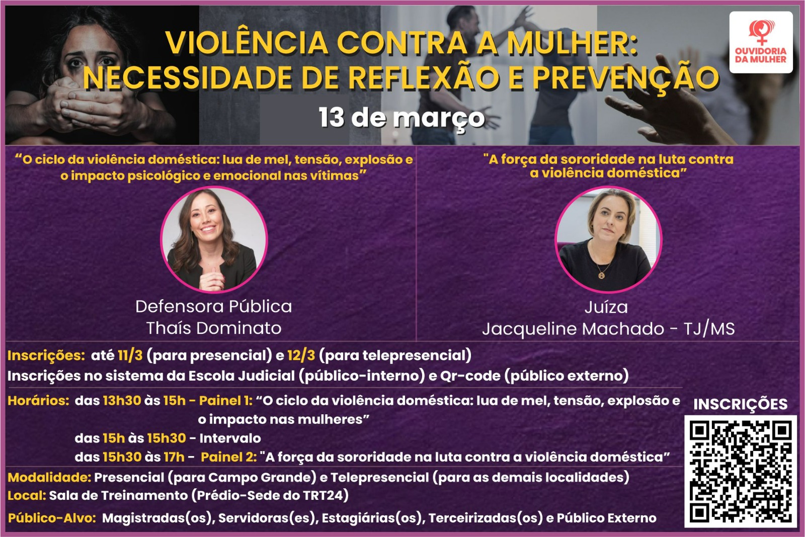 Ouvidoria da Mulher do TRT/MS promove evento sobre violência contra a mulher