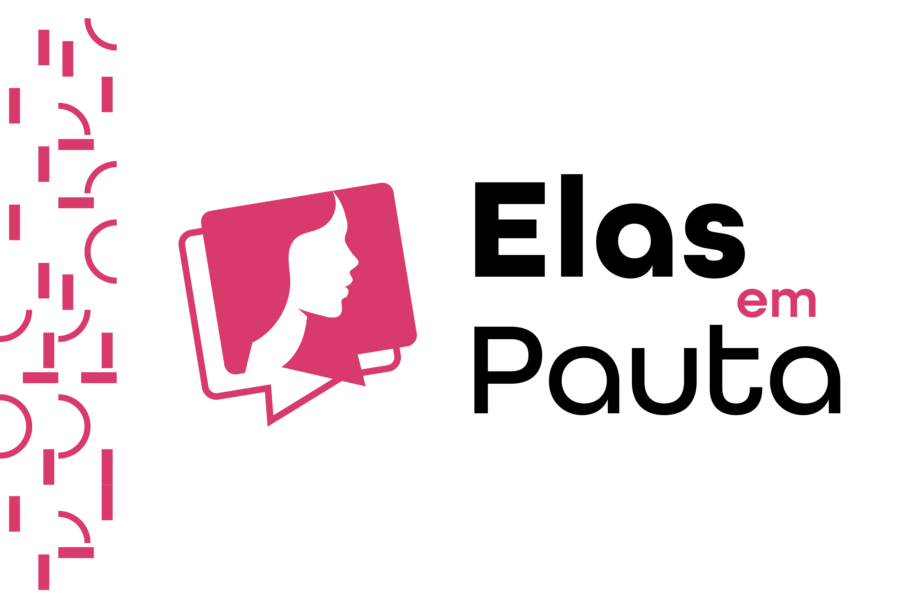 Balões de conversa conectados. Um deles é formado pelo perfil de uma mulher. Ao lado está escrito Elas em Pauta.