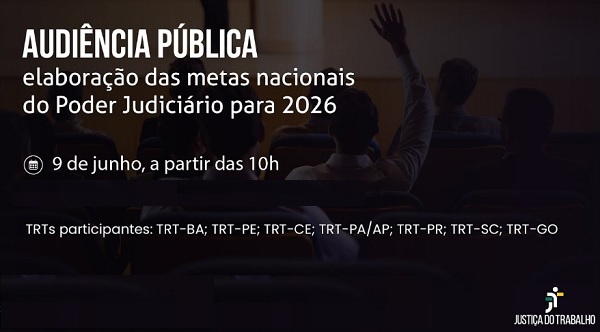 Banner de divulgação de audiência pública sobre as metas nacionais do Poder Judiciário para 2026, marcada para 9 de junho às 10h. Participam TRTs de vários estados.