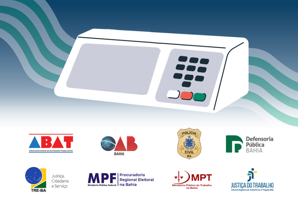 Imagem de uma urna eletrônica com as logotipos das instituições que firmaram acordo com o TRT-5