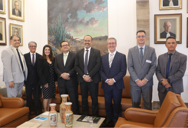 Fotografia com a presença de 8 pessoas, 7 homens e 1 mulher.
