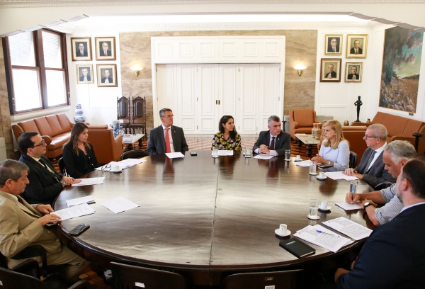 Fotografia de uma mesa de reunião com a presença de 10 pessoas, 7 homens e 3 mulheres. 