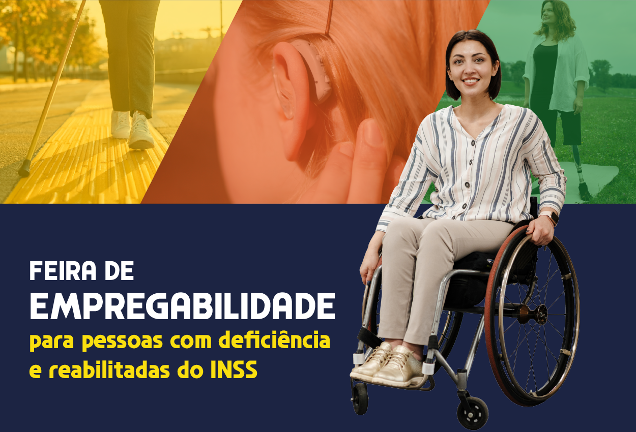 A imagem é um cartaz digital de divulgação em tons de azul-escuro, amarelo, laranja e verde, promovendo um evento inclusivo. Na metade inferior esquerda, destaca-se o texto em português.