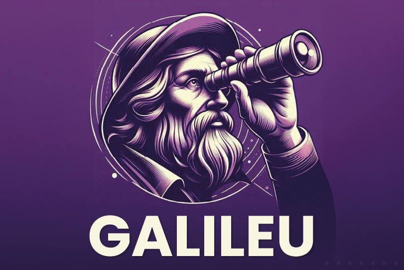 Imagem da logomarca da ferramenta. Fundo roxo com uma ilustração de Galileu Galilei em perfil com uma luneta olhando pra cima.