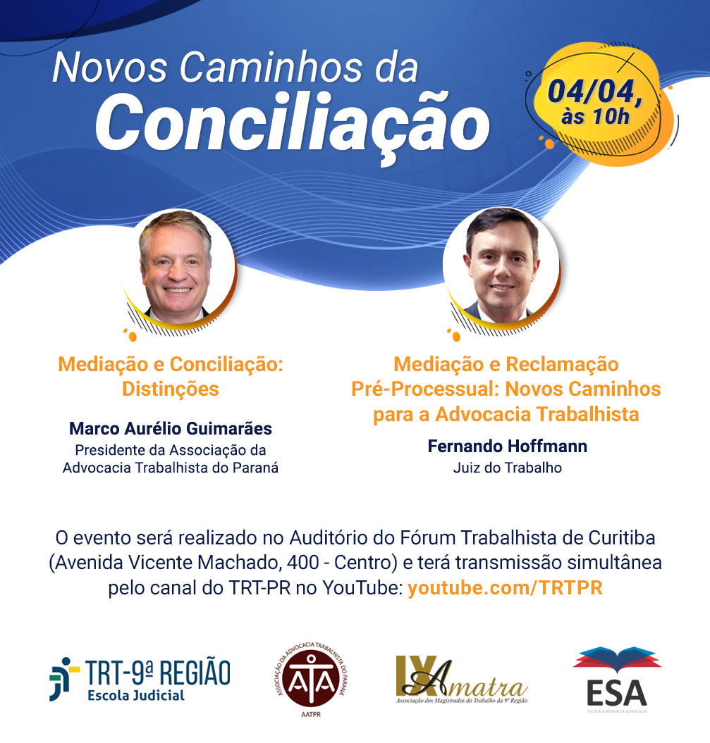 Imagem com a presença de duas fotos de homens dentro de um formato circular e a legenda ''Novos caminhos para a Conciliação''.