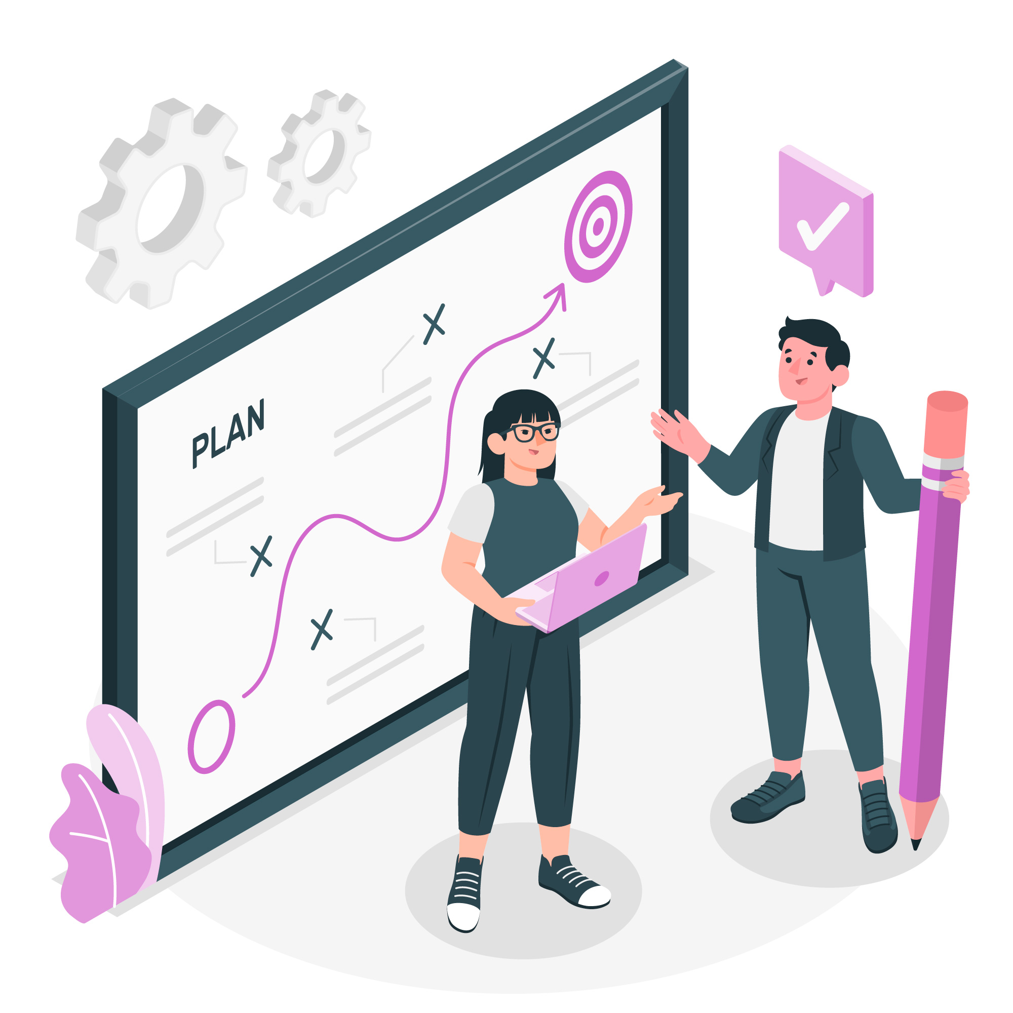 Imagem ilustrativa com um homem segurando lápis e uma mulher segurando um laptop; ao fundo, uma prancheta com escritas ilustrativas.