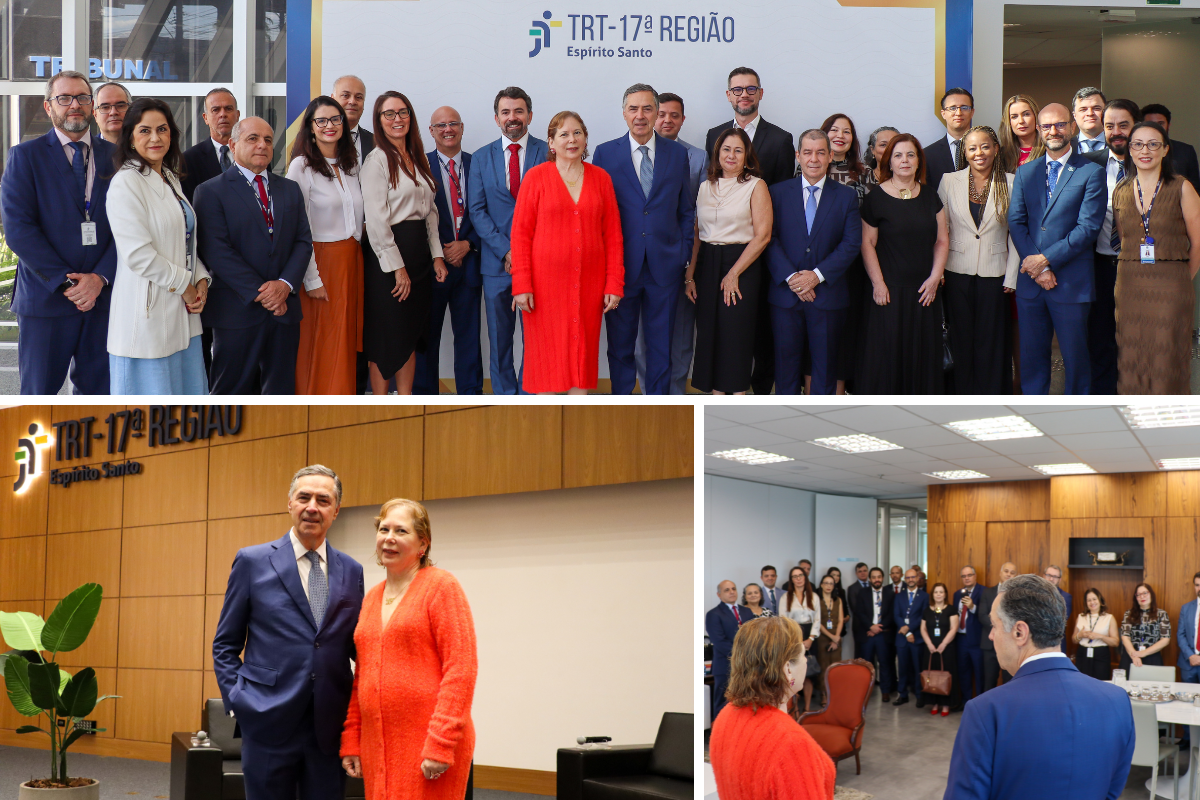 A imagem é um mosaico com três fotos da visita institucional ao TRT da 17ª Região (Espírito Santo). O ambiente é corporativo e as pessoas estão com trajes formais. O logotipo do TRT-17 está visível em duas imagens.
