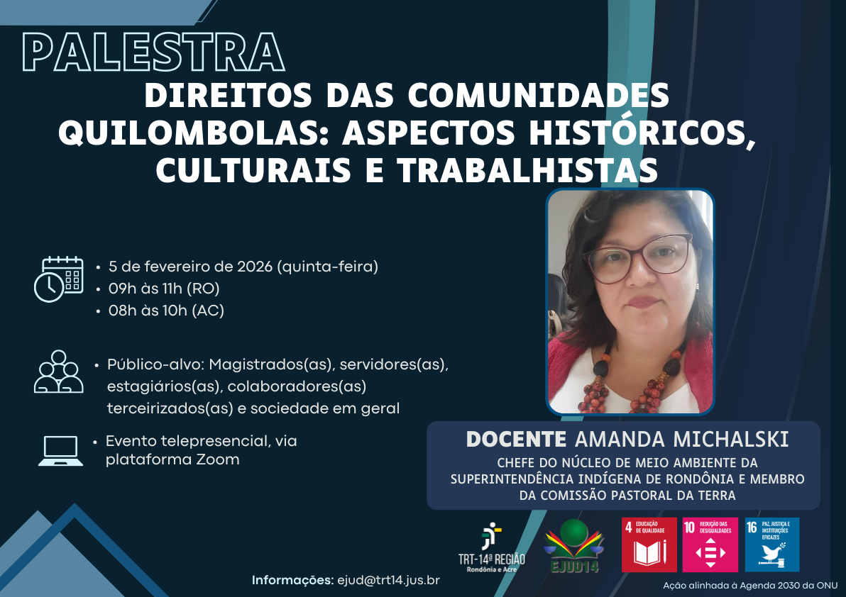 Fotografia de uma mulher com cabelo preto, óculos, colar e o texto: Palestra Direitos das comunidades quilombolas: aspectos históricos, culturais e trabalhistas, em caixa alta.