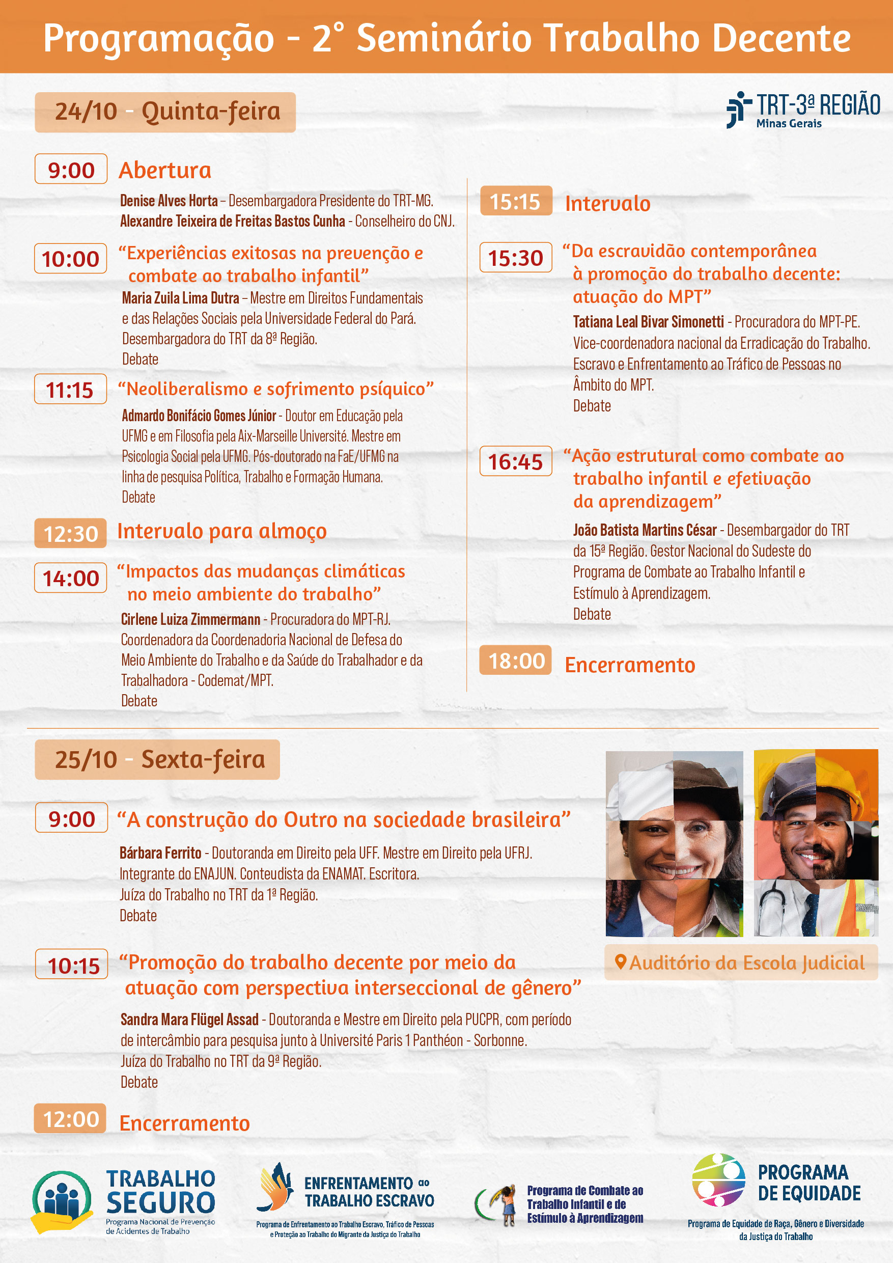 Folder com a programação completa do Seminário Trabalho Decente no TRT-3 (MG)