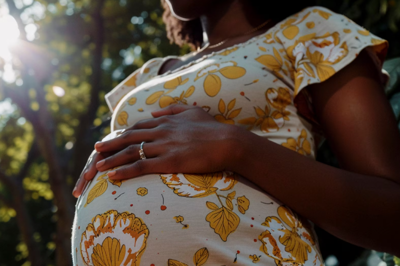 Foto ilustrativa de mulher negra grávida com as mãos na barriga.