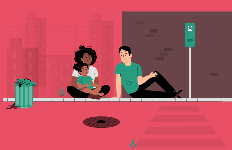 Imagem gerada de uma mulher com uma criança e um homem, todos sentados no chão. 