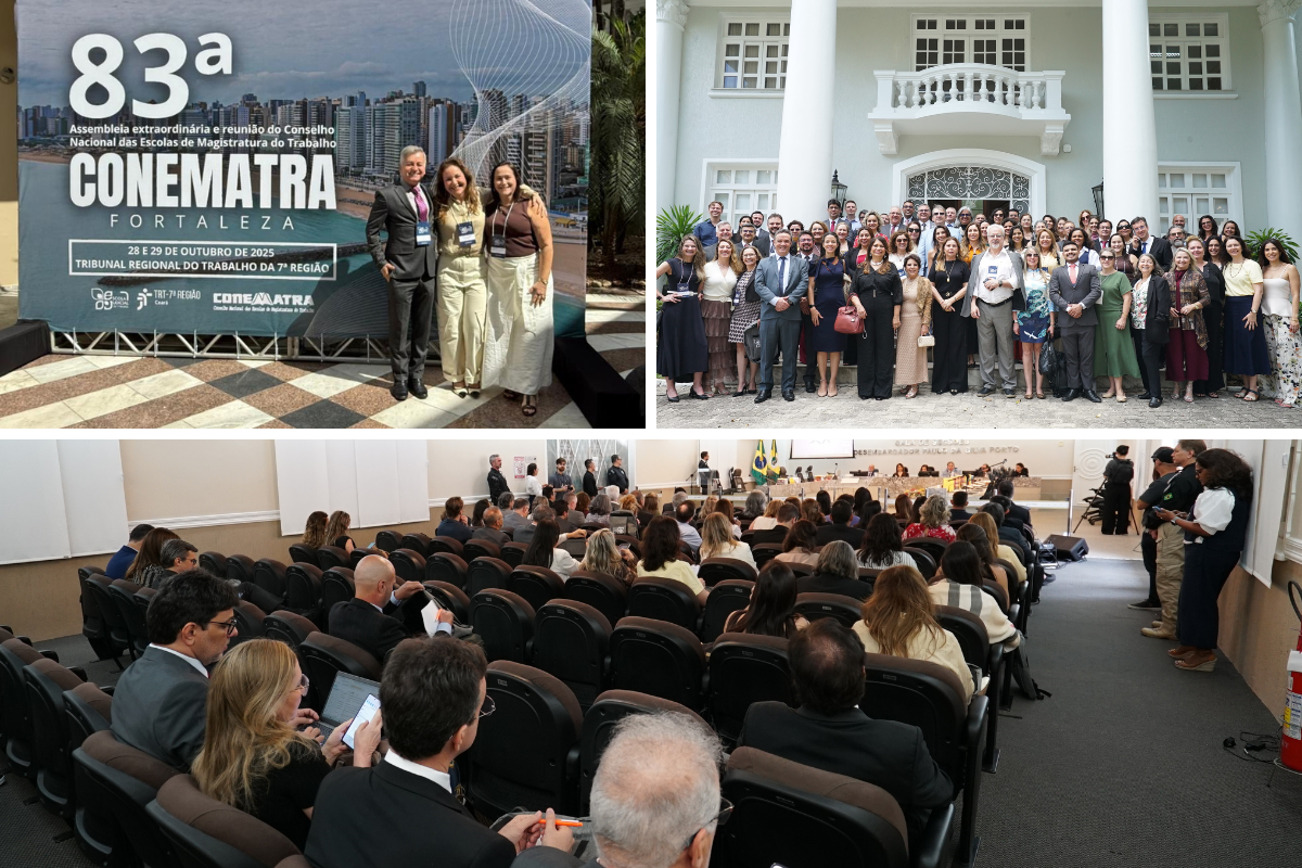 Coletânea de fotografias, a primeira é com a presença de 2 mulheres e 1 homem com a 83ª Conematra; a segunda é com a presença de um conjunto de pessoas e a terceira é com pessoas sentadas assistindo uma cerimônia.