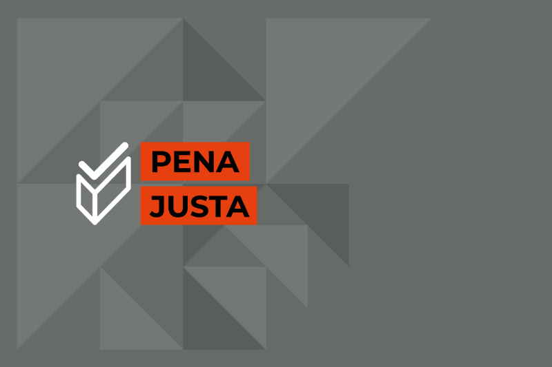 Banner do programa Pena Justa: fundo cinza com formas geométricas em vários tons e texto 