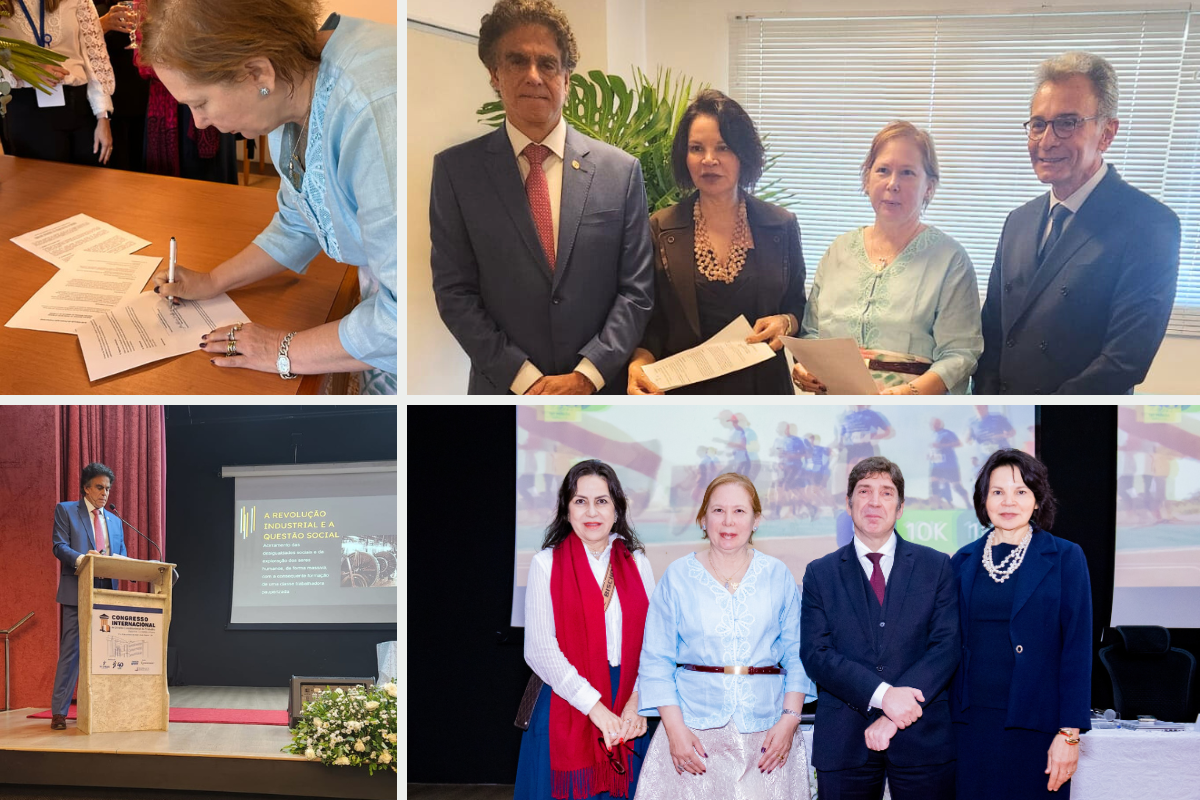 Conjunto de 4 fotografias; a primeira de uma mulher assinando um papel; a segunda com a presença de 4 pessoas, sendo 2 homens e 2 mulheres; a terceira com a presença do presidente do TST, ministro Vieira de Mello Filho e a quarta com a presença de 3 mulheres e 1 homem. 