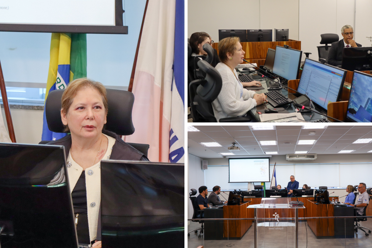 Portal de fotos, a primeira com uma mulher sentada em frente a bandeiras; a segunda, 3 pessoas sentadas em frente a computadores; e a terceira, foto de uma mesa diretiva com diversas pessoas sentadas. 