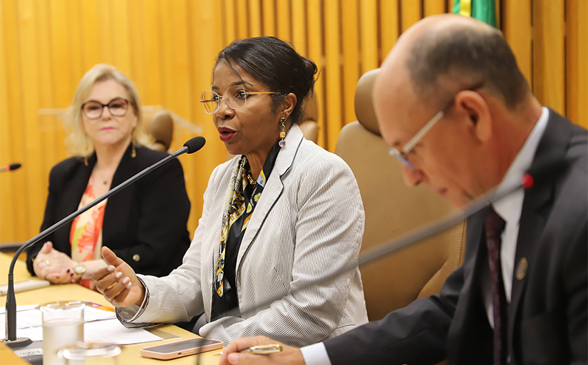 Três pessoas estão sentadas em uma mesa de reunião. Duas mulheres e um homem, em trajes formais. Uma das mulheres, ao centro, fala ao microfone. Ela tem pele negra, de cabelos escuros e presos, usa óculos e usa uma camisa preta com lenço e um paletó claro.