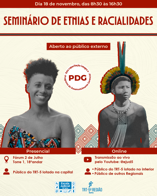 Fotografia com a presença de um indígena e uma mulher com o assunto: Seminário de Etnias e Racialidades.